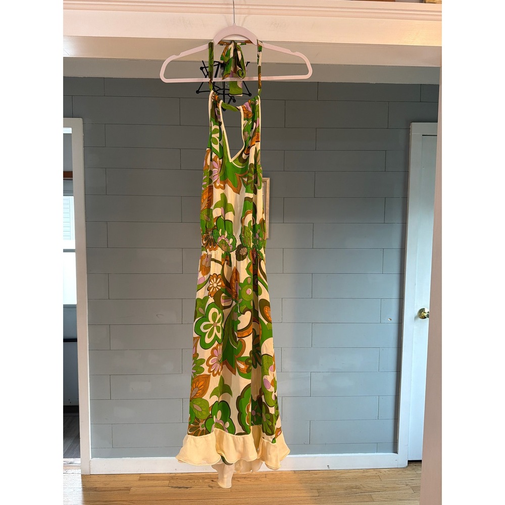 Petro Zillia Silk Halter Midi Dress Green Floral Retro Smocked Waist Ruffle L